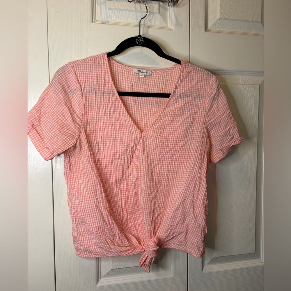 Madewell Pink Gingham Tie-Front Blouse - Picture 1 of 3